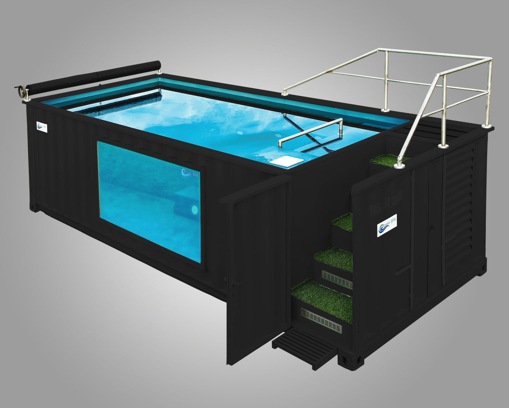 Piscina panorâmica em contêiner com dimensões de 6,05 x 2,44 m.